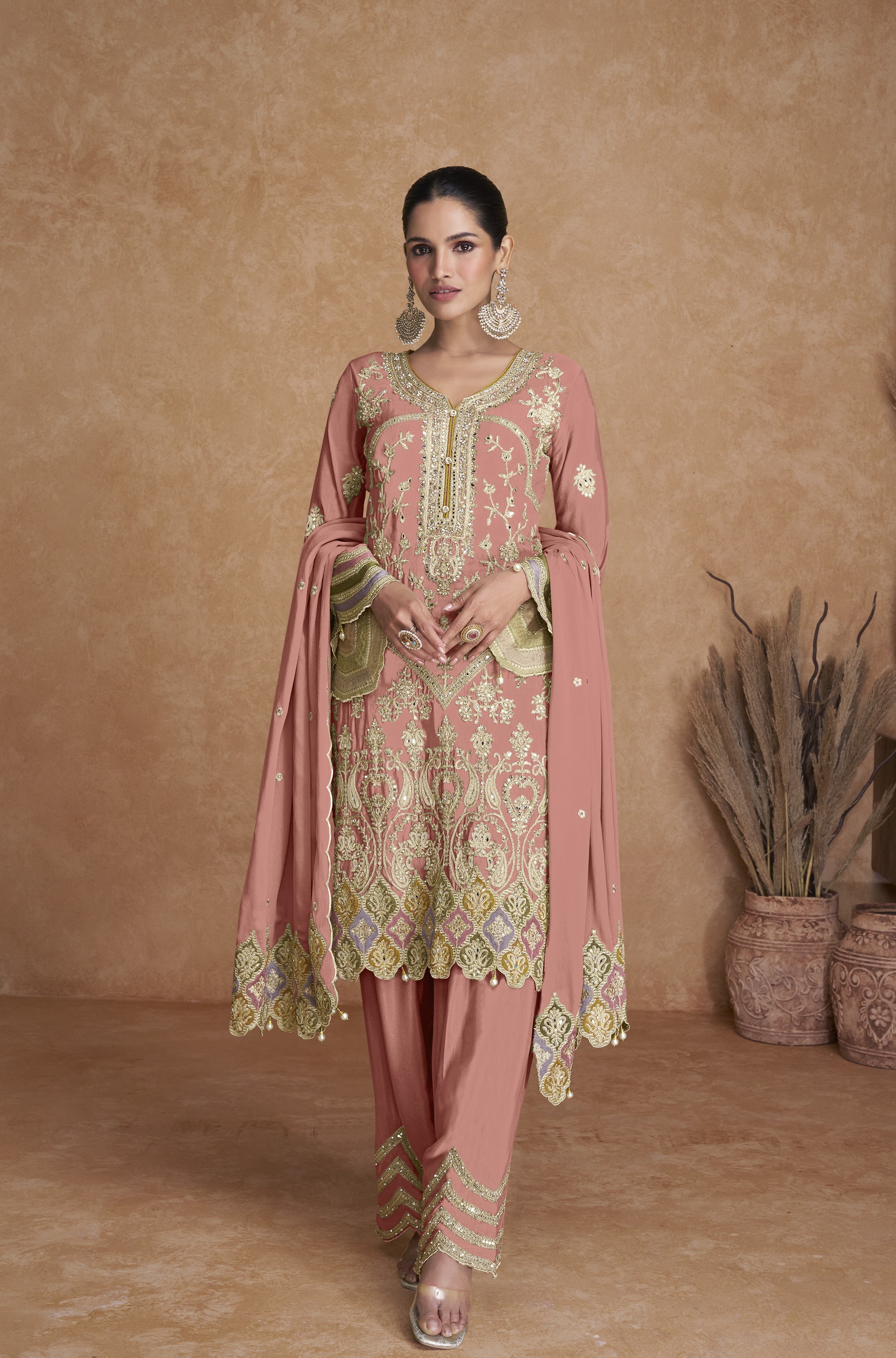 Real Chinnon Women Stitched Suit Set with Dupatta | Kurta & Bottom Length 40 Inch | Free Size Ethnic Wear | Premium Party Wear Festive Collection