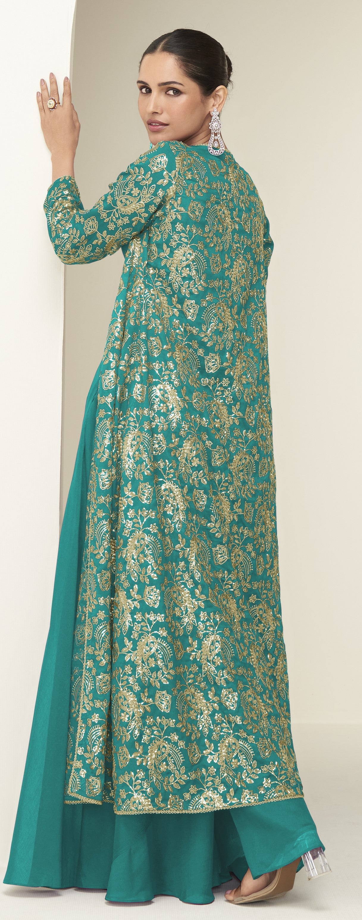 Premium Chinnon Silk Women Stitched Suit Set with Dupatta | Kurta, Palazzo & Blouse Included | Free Size Ethnic Wear | Festive & Party Wear Collection