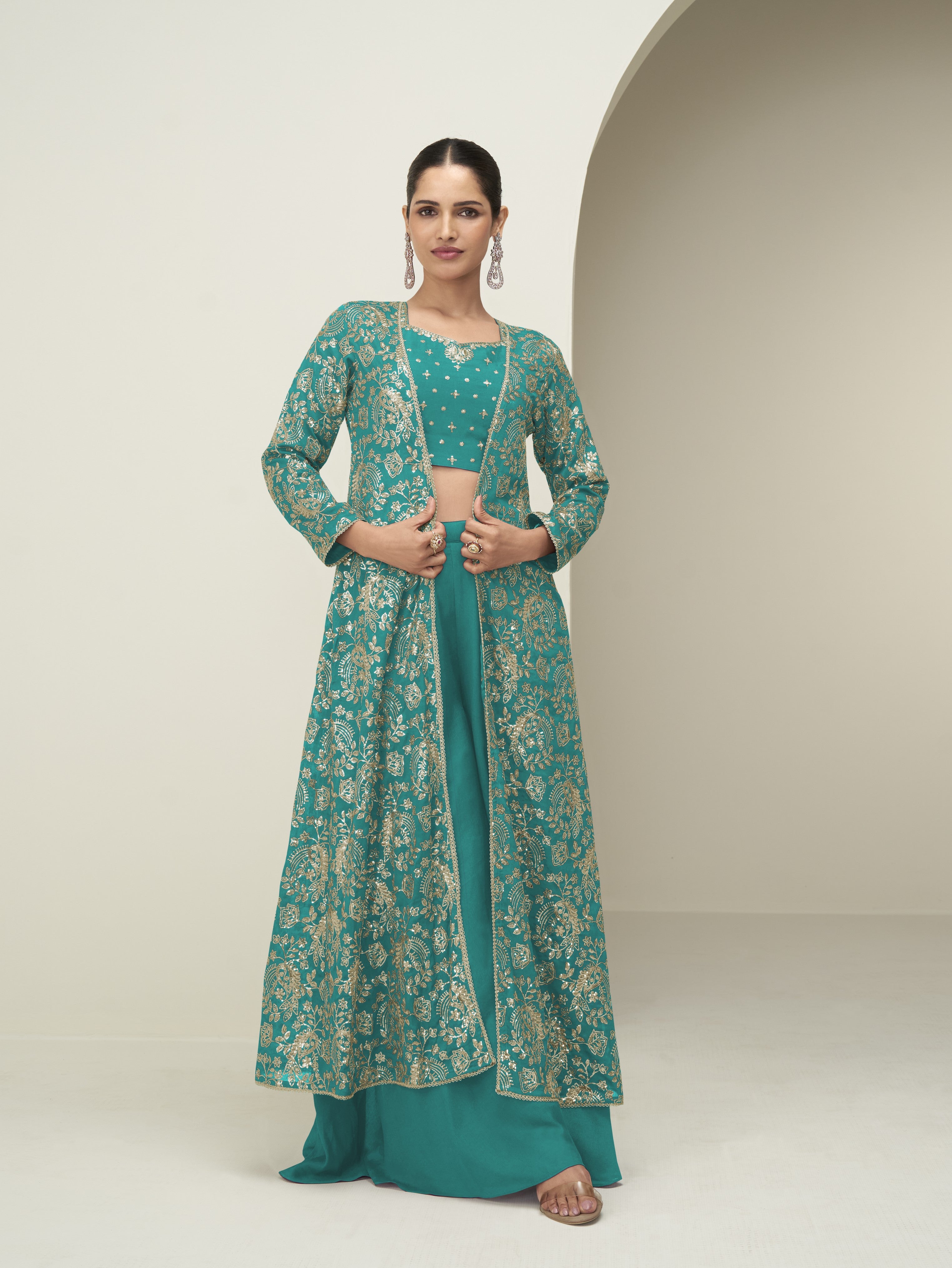 Premium Chinnon Silk Women Stitched Suit Set with Dupatta | Kurta, Palazzo & Blouse Included | Free Size Ethnic Wear | Festive & Party Wear Collection