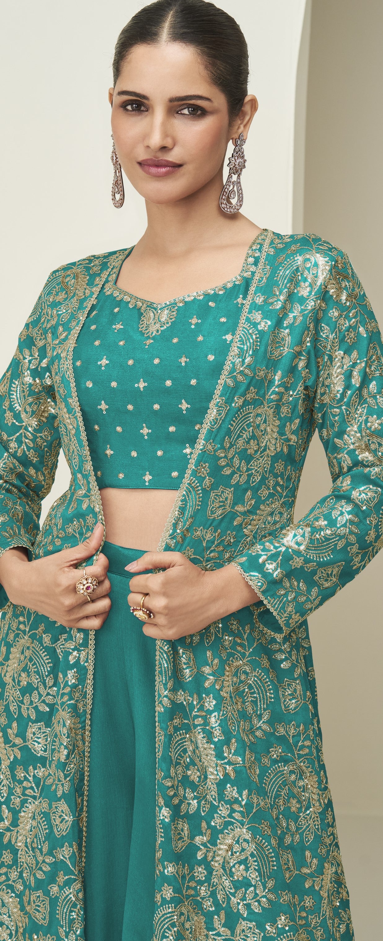 Premium Chinnon Silk Women Stitched Suit Set with Dupatta | Kurta, Palazzo & Blouse Included | Free Size Ethnic Wear | Festive & Party Wear Collection