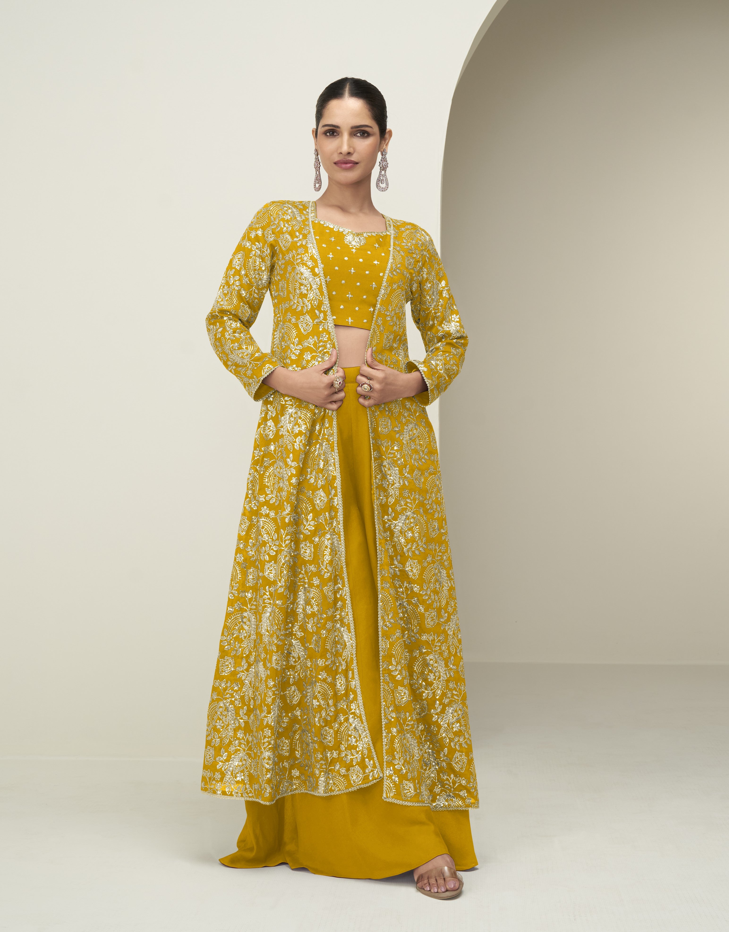 Premium Chinnon Silk Women Stitched Suit Set with Dupatta | Kurta, Palazzo & Blouse Included | Free Size Ethnic Wear | Festive & Party Wear Collection