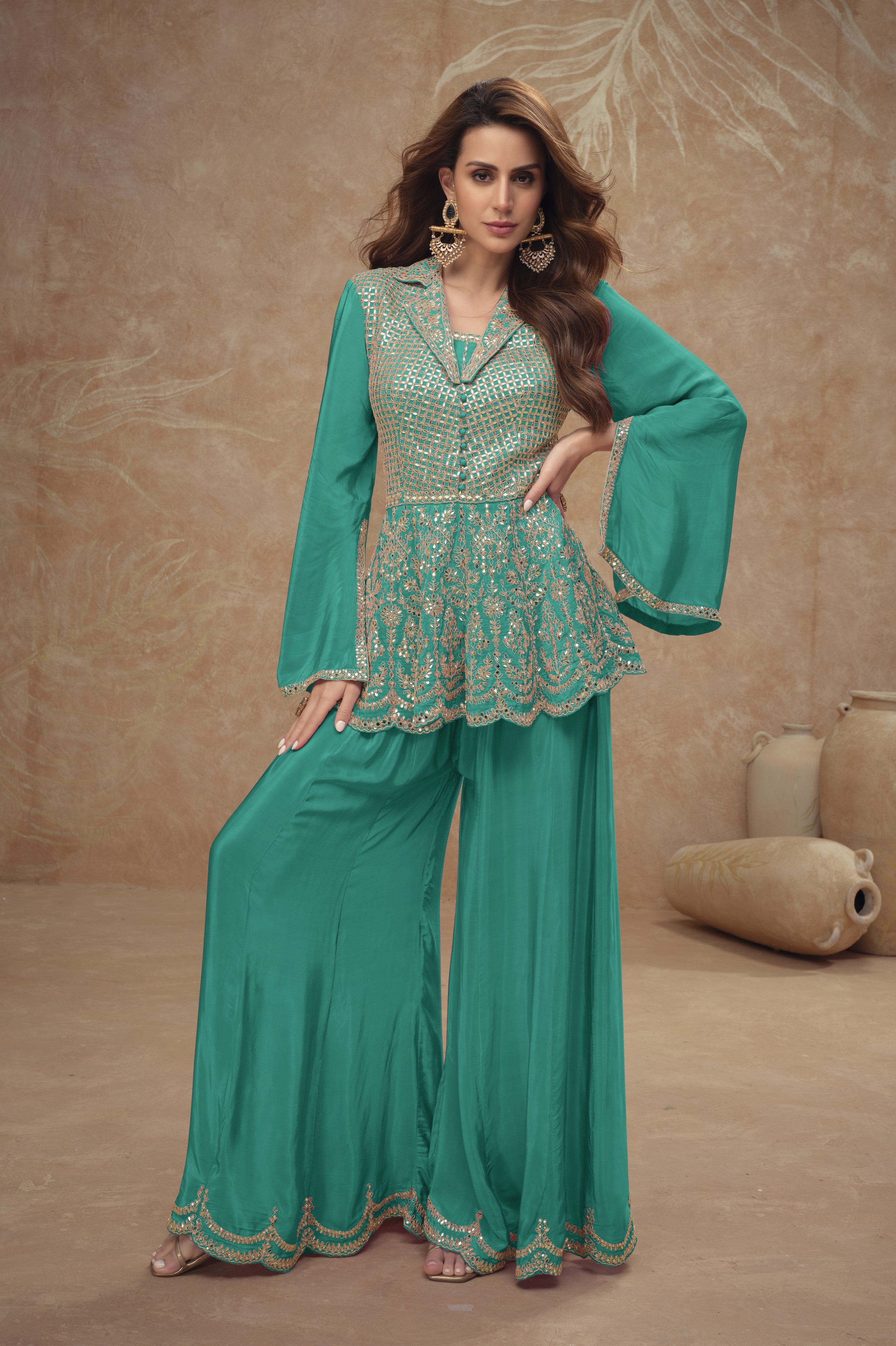 Real Chinnon Women Stitched Suit Set with Dupatta | Front & Back Embroidery Work | Free Size Kurta & Bottom | Premium Ethnic Wear for Festive & Party Wear