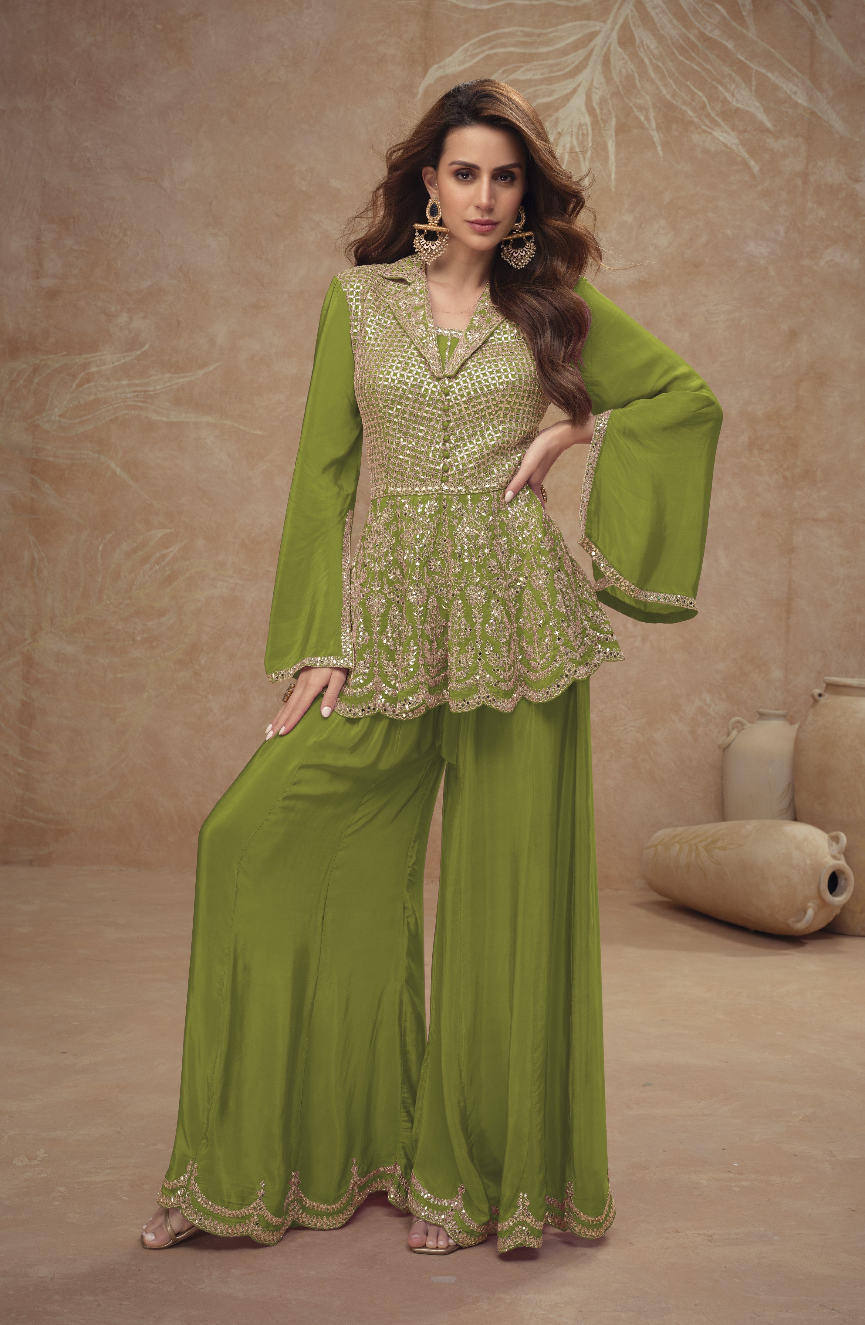 Real Chinnon Women Stitched Suit Set with Dupatta | Front & Back Embroidery Work | Free Size Kurta & Bottom | Premium Ethnic Wear for Festive & Party Wear