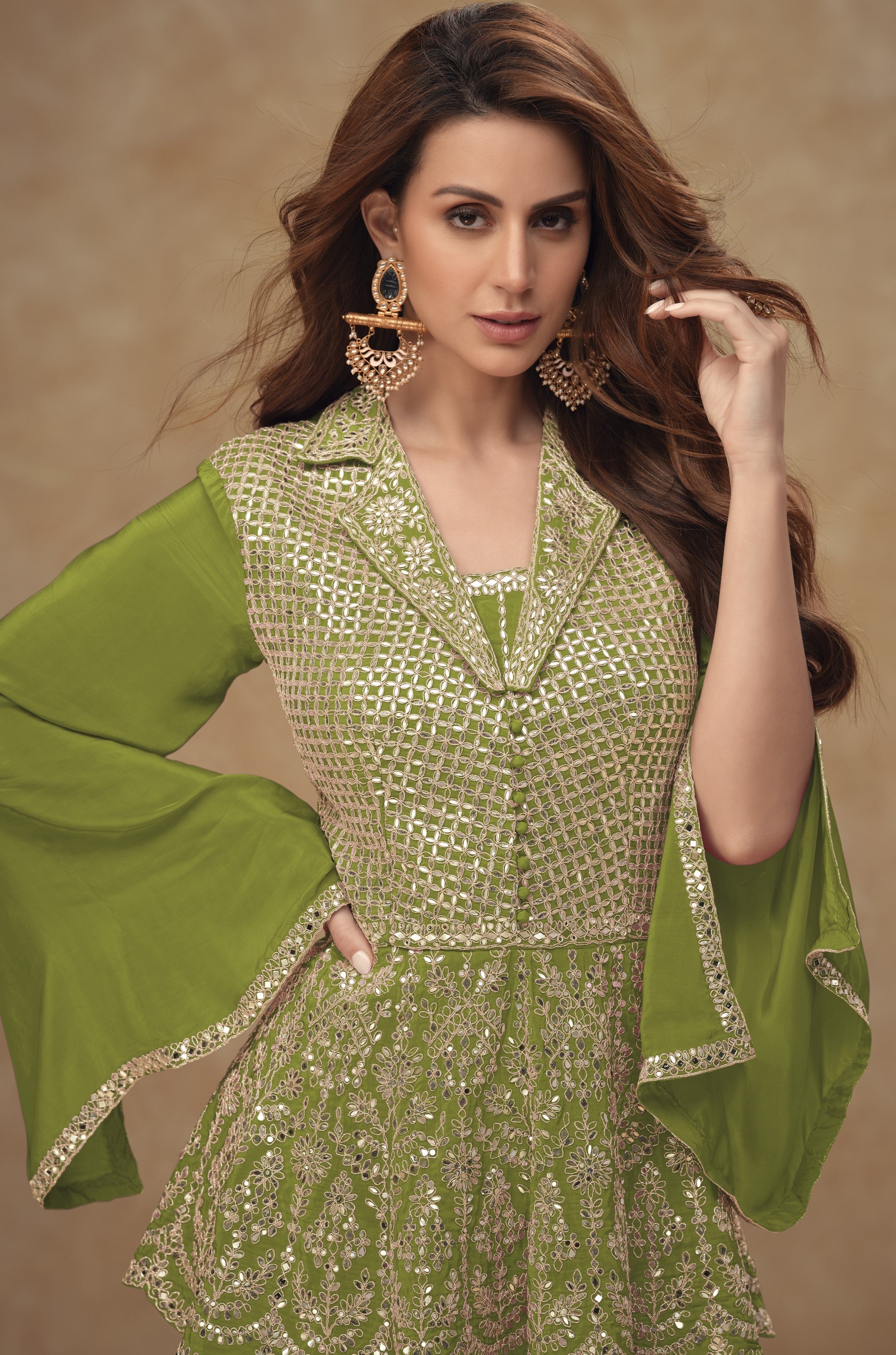 Real Chinnon Women Stitched Suit Set with Dupatta | Front & Back Embroidery Work | Free Size Kurta & Bottom | Premium Ethnic Wear for Festive & Party Wear