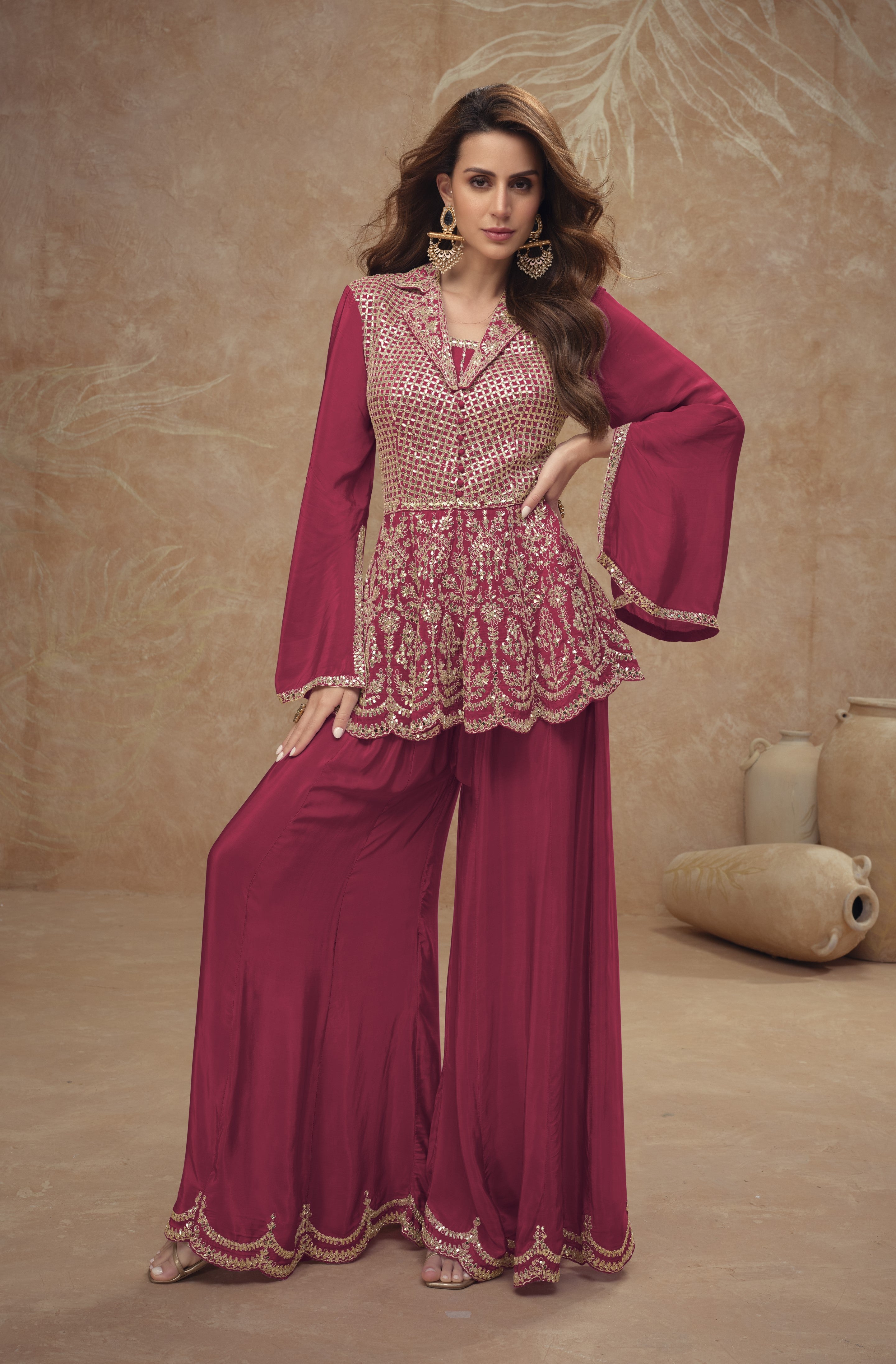 Real Chinnon Women Stitched Suit Set with Dupatta | Front & Back Embroidery Work | Free Size Kurta & Bottom | Premium Ethnic Wear for Festive & Party Wear